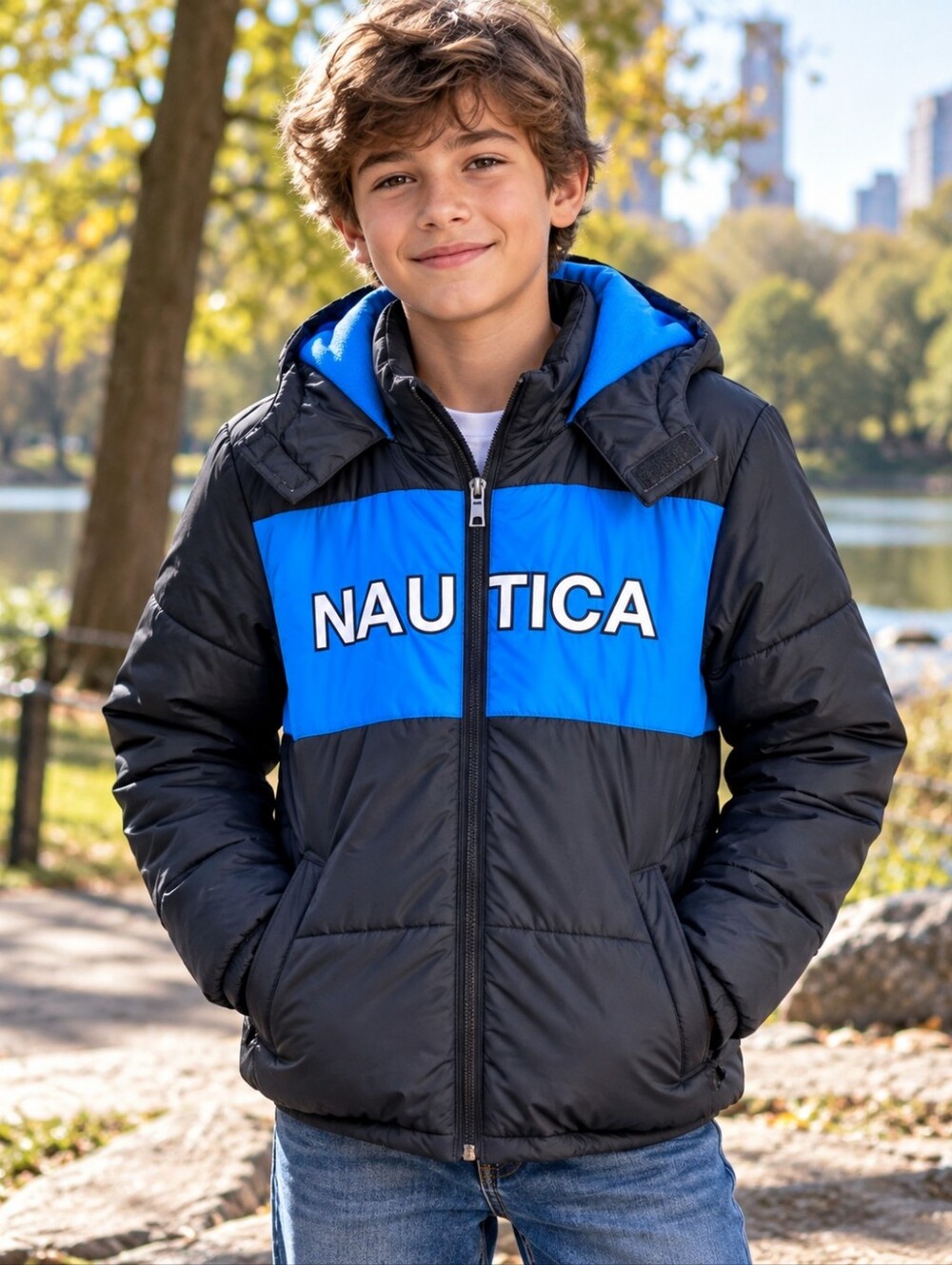 Nautica big boys xl 18 20 fleece lined hooded winter coat puffer kids blue black